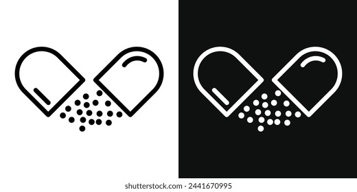 Health Capsule and Medicine Pill Icons. Vitamin Supplements and Medical Symbols.