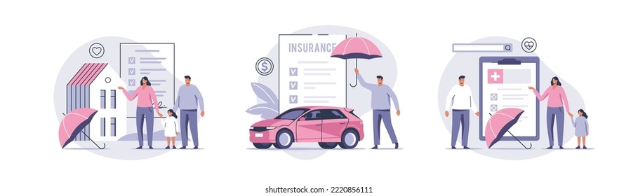 Health, car or house property insurance. Care about family life, assurance protection. Car and house safety. Vector illustration.