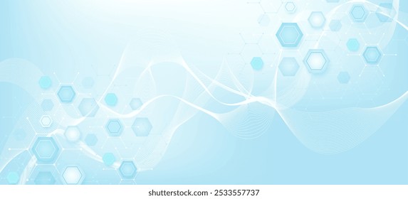 Saúde fundo abstrato com hexágonos, linhas e pontos. Conceito de modelo de banner de inovação médica. Biologia e tecnologia farmacêutica. Ilustração vetorial.