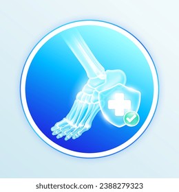 Health care ankle joint bone human internal organs. Medical symbol cross in blue shield and check mark in green button. Labels for design food and pharmaceutical business products. Vector EPS10.