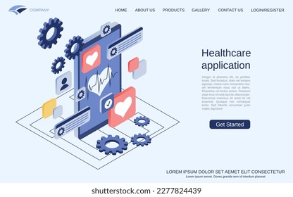 Health care application, online health control flat 3d isometric vector concept illustration