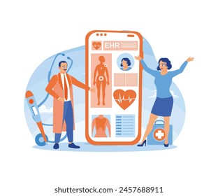 Health care applications. Doctors read patients medical records via smartphone. Electronic Healthcare concept. Flat vector illustration.