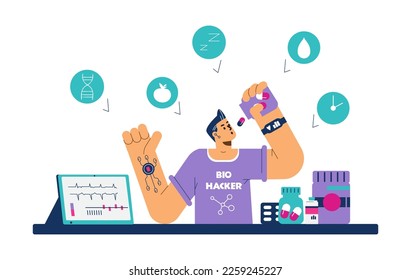 Programa de biohackeo de la atención de la salud para la vigilancia de la salud utilizando tecnología y suministros de diagnóstico avanzados, ilustración vectorial plana aislada en el fondo blanco.