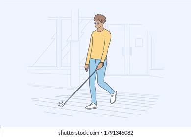 Health, care, blindness, desease, motion concept. Young happy smiling african american blind man or guy cartoon character pedestrian crossing street in city. Disability and road safety illsutration.