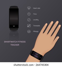 Health Care Bracelet Hand Heart Rate Time Locality Mileage Fitness Tracker Jogging Pace. Vector