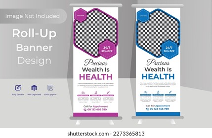 Health Care Business Roll-up Banner Design Template. Medical pop-up Banner Design Template.