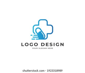 Health care capsule logo vector. Fast delivery medicine capsule pill logo design