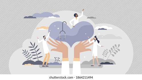 Health care or cardiology doctors with diagnosis treatment tiny person concept. Heart as symbolic patient healthcare support and disease prevention vector illustration. Medicine and hospital scene.