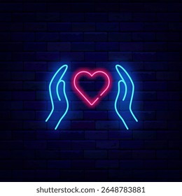 Health care. Cardiology medicine. Charity neon symbol. Hands with heart. Volunteer design. Vector stock illustration