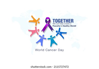 Health care center or World cancer day creative template with ribbon doctors and helpers