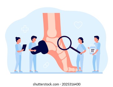 Health care, checkup orthopedic doctor human foot with bones. Orthopedist doing medical diagnostics and examination feet. Foot deformation, pathologies of foot, flat foot. Joint leg pain. Vector