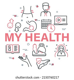 Health care circular vector banner. Linear medical and body care icons