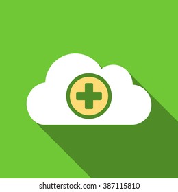 Health Care Cloud long shadow vector icon. Style is a flat symbol with rounded angles on a green square symbol.