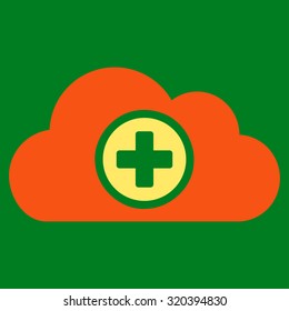 Health Care Cloud vector icon. Style is bicolor flat symbol, orange and yellow colors, rounded angles, green background.