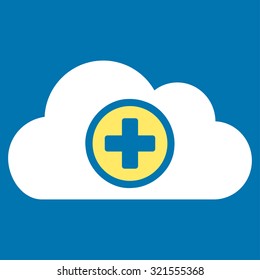 Health Care Cloud vector icon. Style is bicolor flat symbol, yellow and white colors, rounded angles, blue background.