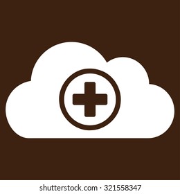 Health Care Cloud vector icon. Style is flat symbol, white color, rounded angles, brown background.