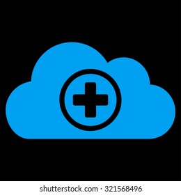 Health Care Cloud vector icon. Style is flat symbol, blue color, rounded angles, black background.