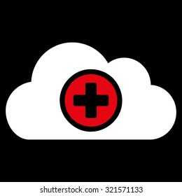 Health Care Cloud vector icon. Style is bicolor flat symbol, red and white colors, rounded angles, black background.