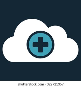 Health Care Cloud vector icon. Style is bicolor flat symbol, blue and white colors, rounded angles, dark blue background.
