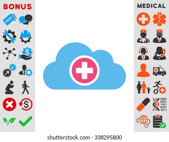 Health Care Cloud vector icon with bonus. Style is bicolor flat symbol, pink and blue colors, rounded angles, white background.
