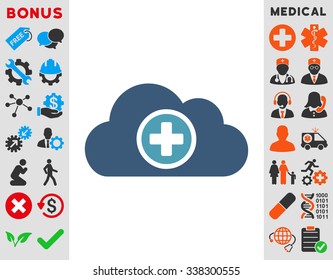 Health Care Cloud vector icon with bonus. Style is bicolor flat symbol, cyan and blue colors, rounded angles, white background.