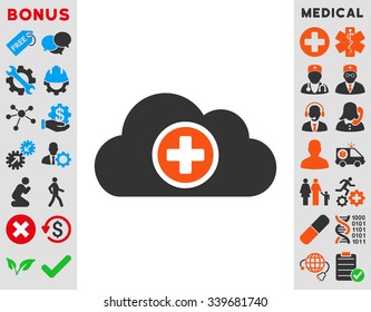Health Care Cloud vector icon with bonus. Style is bicolor flat symbol, orange and gray colors, rounded angles, white background.