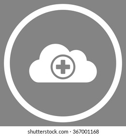 Health Care Cloud vector icon. Style is flat circled symbol, white color, rounded angles, gray background.