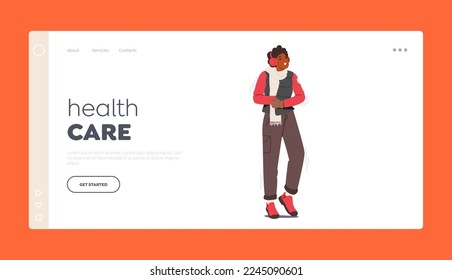 Health Care at Cold Weather Landing Page Template. Black Girl Freeze due to Low Degrees Temperature. Freezing Shivering Female Character in Warm Winter Clothes. Cartoon Vector Illustration