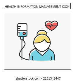 Health care color icon. Senior people treatment. Cardiogram and hospital dropper. Health information management concept. Isolated vector illustration