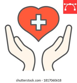 Health care color line icon, AIDS and giving love, heart with hands sign vector graphics, editable stroke filled outline icon, eps 10