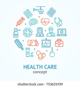 Health Care Color Round Design Template Line Icon Diagnostic, Equipment and Help Concept Include of Thermometer and Hospital . Vector illustration