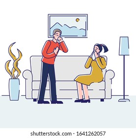 Health care and Common Cold Concept. Young Sick Man and Woman Are Sneezing. Ill People With Influenza Symptoms. Medical and Domestic Flu Treatment. Cartoon Outline Linear Flat Vector illustration