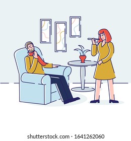 Health care and Common Cold Concept. Young Sick Man With Sore Throat And Influenza Symptoms. Woman Measuring The Temperature. Cartoon Outline Linear Flat Vector illustration