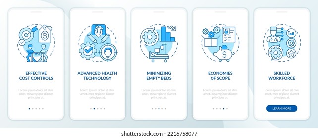 Health care competition blue onboarding mobile app screen. Walkthrough 5 steps editable graphic instructions with linear concepts. UI, UX, GUI template. Myriad Pro-Bold, Regular fonts used
