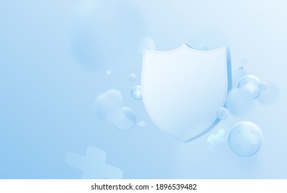 Health Care Concept. 3d blue shield and the abstract bible and cross sign floating on soft background