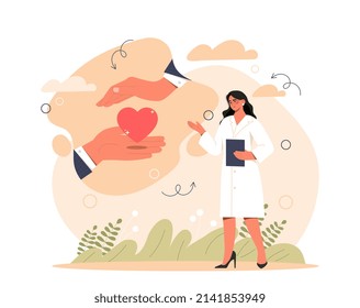 Health care concept. Doctor with documents ready to help patients. Diagnosis and questioning, identification of symptoms. Medical poster or banner for website. Cartoon flat vector illustration