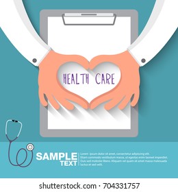 Health care concept: doctor hand  in shape of heart on medical chart background.