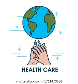 health care concept, earth planet and handwashing over white background, colorful design, vector illustration