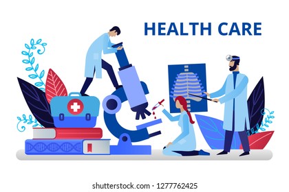 Health care concept in flat style. Doctors doing medical research. Online medicine concept. Vector illustration for web banners, brochure cover design and flyer layout template