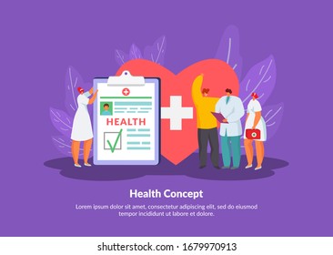 Health care concept for human diseases, doctors prescribsion, happy patient and medics vector illustration. People in medicine, health care, heart and cross, medical symbols, treatments.