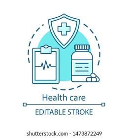 Health Care Concept Icon. Medicine. Therapeutic Services. Medical Insurance, Examination, Treatment Idea Thin Line Illustration. Vector Isolated Outline Drawing. Editable Stroke