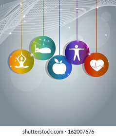 Health care concept illustration. Wellness symbols,   Healthy heart, healthy food, good sleep, yoga and meditation. Healthy living leads to healthy heart.  Beautiful bright colorful design.