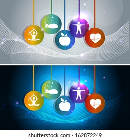 Health care concept illustration. Wellness symbols, Healthy heart, healthy food, good sleep, yoga and meditation. Healthy living leads to healthy heart. Colorful banners, grey and blue backgrounds.