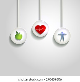 Health care concept illustration. Wellness symbols,   Healthy heart, healthy food and fitness.  Healthy living leads to healthy heart. 