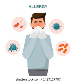 health care concept. man get sick allergy symptoms. vector illustration cartoon character flat style