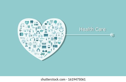 Health care concept with medical icons on heart shape flat design vector illustration