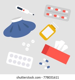 Health care concept. A medical set: ice pack, pills, thermometer, tissue box. Vector flat illustration, clip art