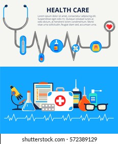 Health care concept in modern flat design. Two horizontal web banners with a lot of medical icons. Vector illustration health monitoring elements can used for web and info graphic