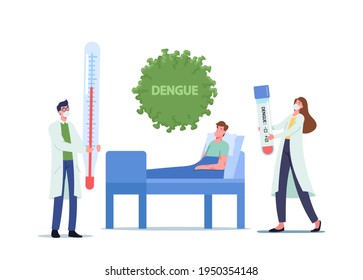 Health Care Concept. Patient Character with Dengue Fever Lying in Clinic Department Chamber Applying Treatment. Nurse with Test Stand near Bed during Appointment. Cartoon People Vector Illustration