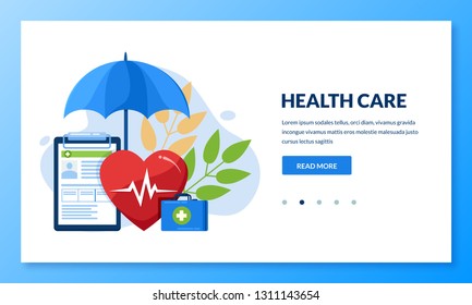 Health care concept. Vector flat medical  illustration. Heart, umbrella, first aid kit and health insurance sheet. Landing page or banner design template for medicine and healthcare themes.